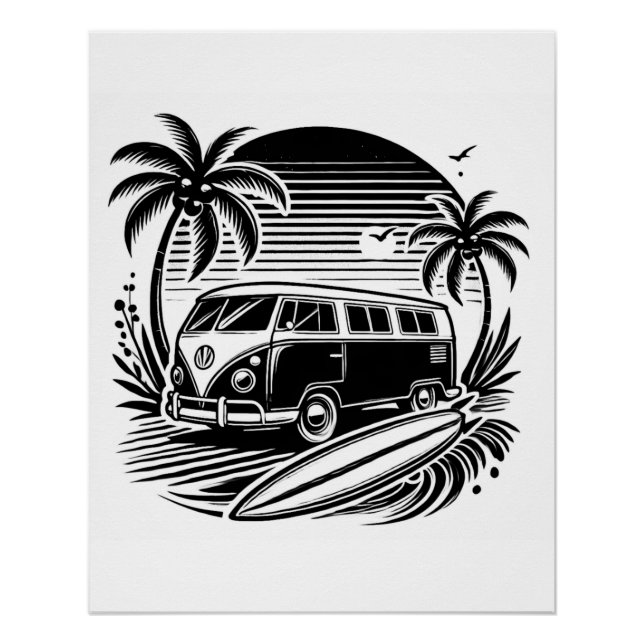 Retro Surf Van & Palm Trees Design Glossy Poster (Front)