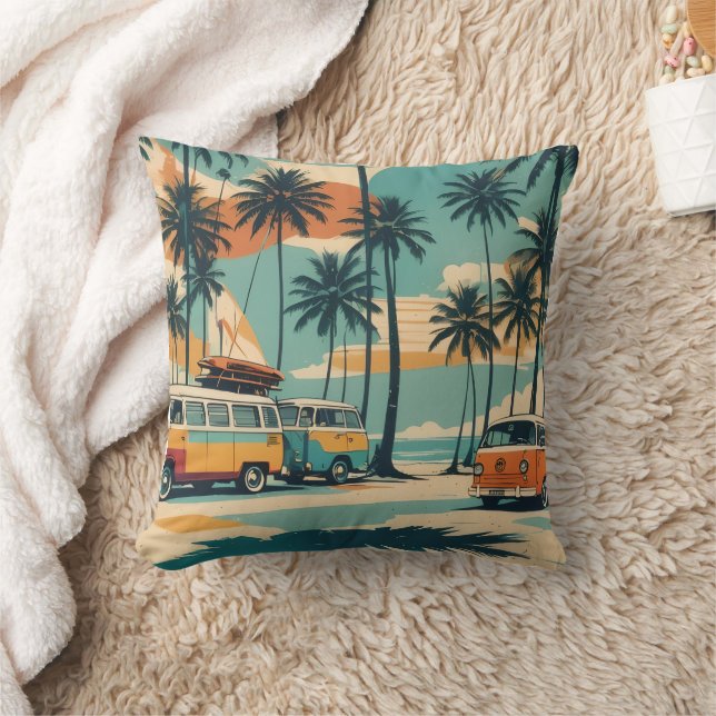Retro Surf Van & Palm Trees  | Tropical  Cushion (Blanket)