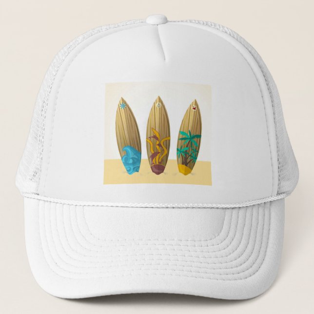 Retro Surfboard trio beach Trucker Hat (Front)