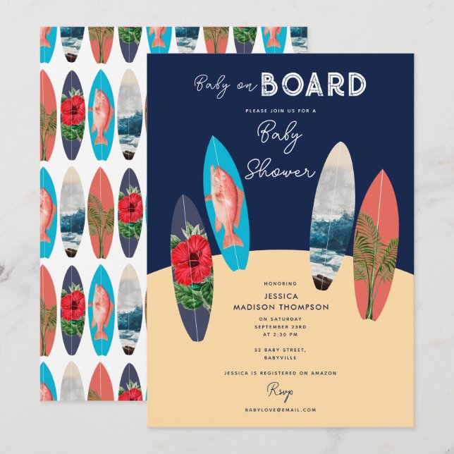 Retro Surfboards Baby on Board Baby Shower Invitation (Front/Back)