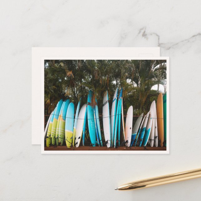 Retro Surfboards in Kauai Hanalei Beach Postcard (Front/Back In Situ)