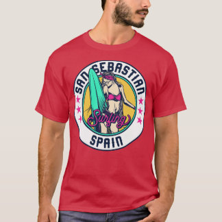 Retro Surfer Babe Badge San Sebastian Spain T-Shirt