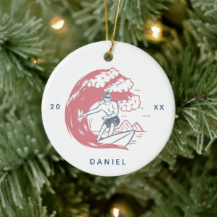 Retro Surfer Boy Beach Vibes Name & Year Big Wave Ceramic Tree Decoration