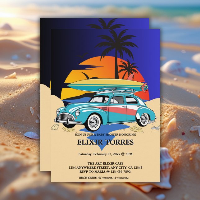 Retro Surfer Car Baby Shower Invitation (Creator Uploaded)