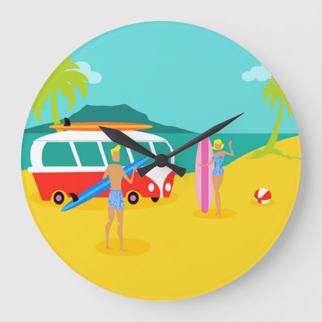 Retro Surfer Couple Acrylic Wall Clock (Front)