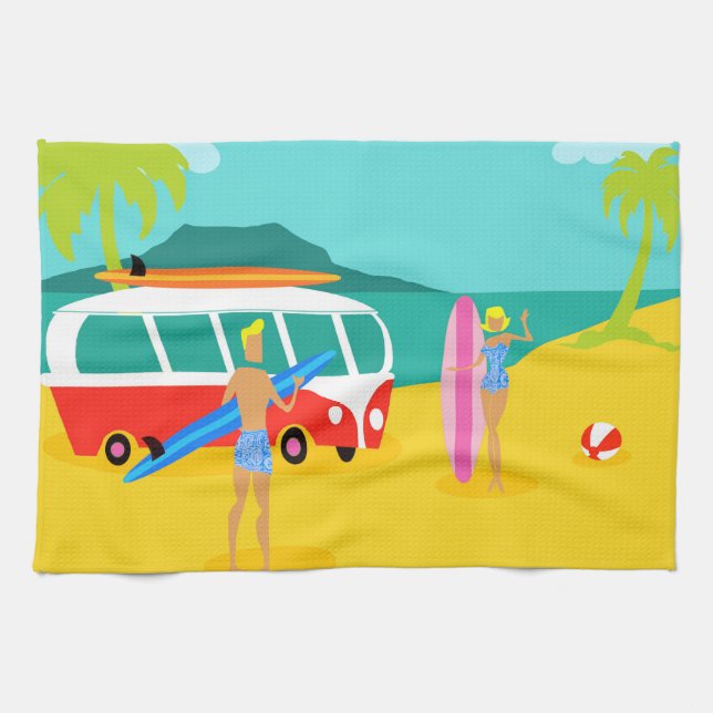 Retro Surfer Couple Kitchen Towel (Horizontal)