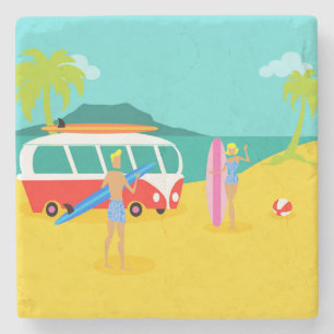 Retro Surfer Couple Stone Coaster