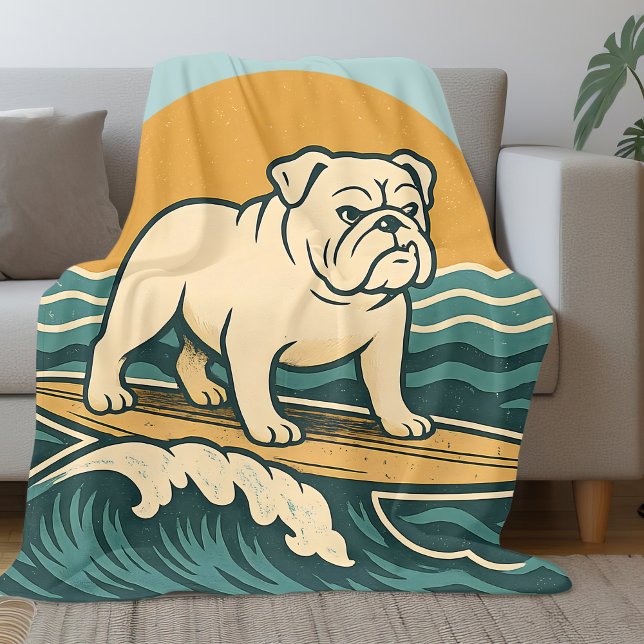 Retro Surfer Dog Blue Coastal Surfing Bulldog Art Fleece Blanket (Creator Uploaded)