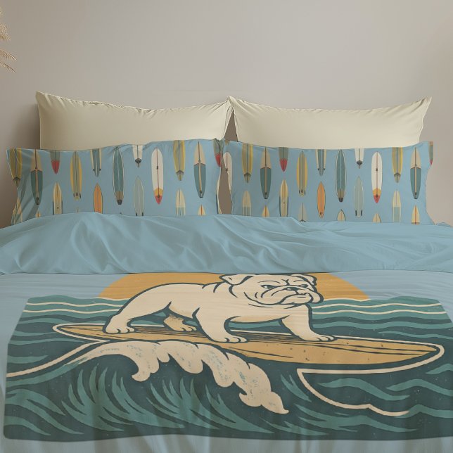 Retro Surfer Dog | Blue Surfing Bulldog Reversible Pillowcase (Creator Uploaded)
