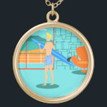 Retro Surfer Dude Necklace<br><div class="desc">Every day can be a day at the beach with this Retro Surfer Dude Necklace. The 1960's style, minimalist art design features a sun-kissed, blonde, surfer dude all ready to catch a wave. Our fit surfer is gazing out on the ocean through the sliding glass doors of his beachfront home....</div>