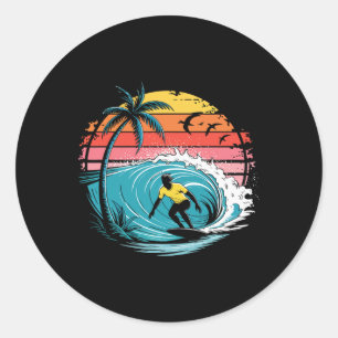 Retro Surfer Riding Big Wave Ocean Sunset Gifts Me Classic Round Sticker