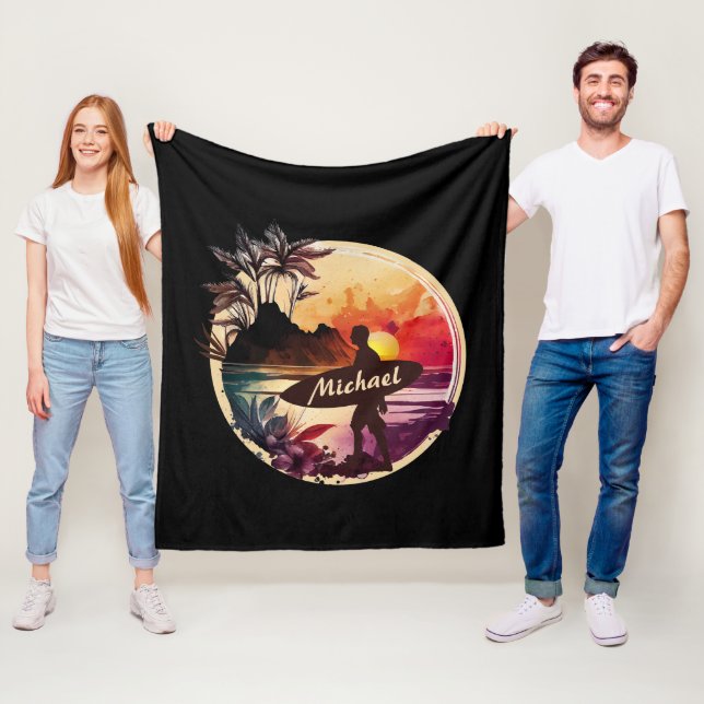 Retro Surfer Sunset Beach Fleece Blanket (In Situ)
