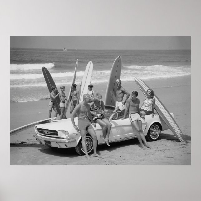 Retro Surfers, Black and White Beach Vintage  Poster (Front)