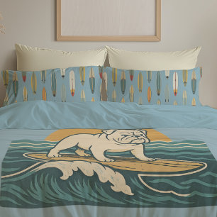 Retro Surfing Dog -Reversible Surfboard Print Blue Pillowcase
