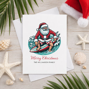 Retro Surfing Santa Tropical Vibes Holiday Card