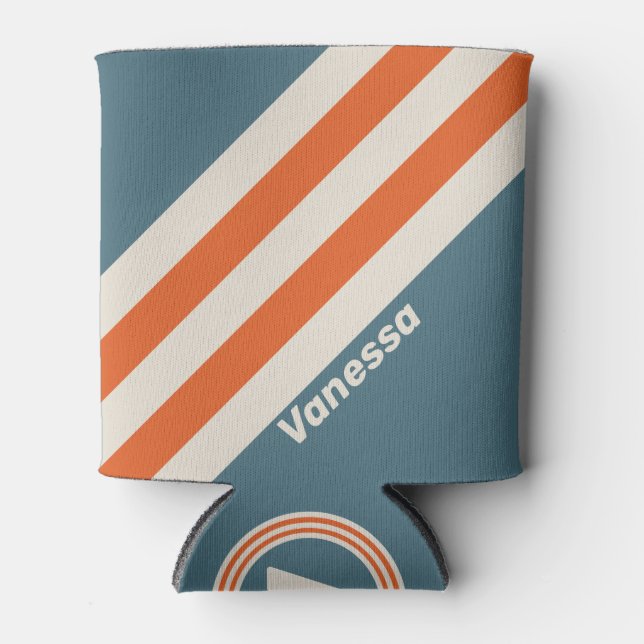 Retro Surfside Stripes with Name Can Cooler (Front)
