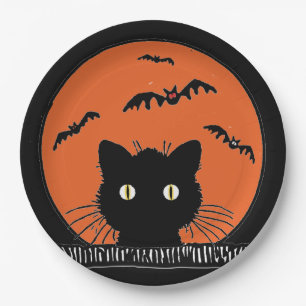Retro Surprised Black Cat Halloween 9"Paper Plate