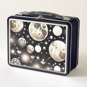 Retro Surreal Art Deco Painted Moons Metal Lunch Box