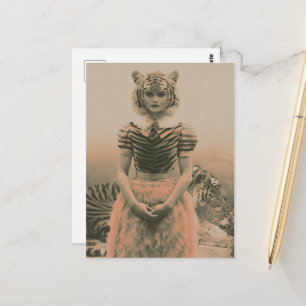 Retro Surreal Tiger Lady and a Tiger Fantasy Postcard