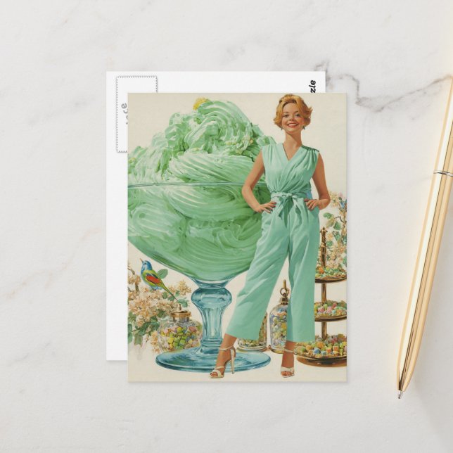 Retro Surreal Woman and Sweets Postcard (Front/Back In Situ)