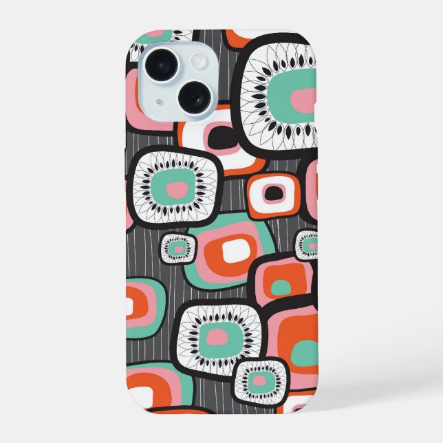 Retro Sushi Box Flower Squares Colourful Pattern iPhone 15 Case (Back)