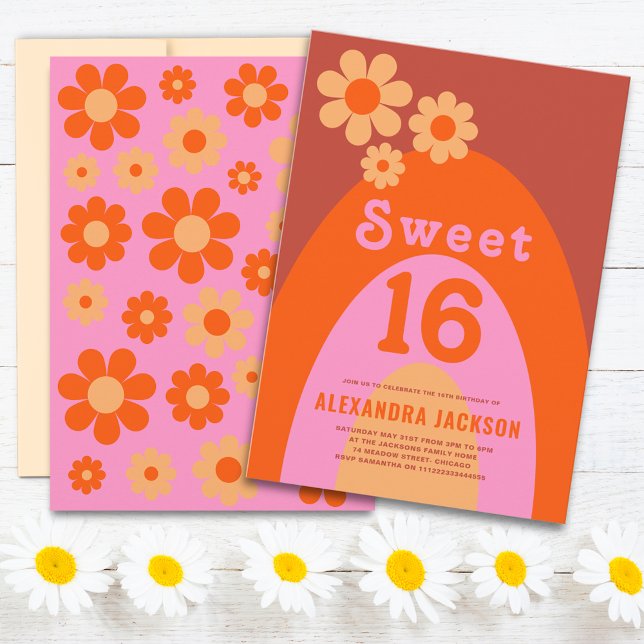 Retro Sweet 16 Birthday Party Orange Pink Invitation (Sweet 16 retro daisy arch orange and pink 16th birthday party with groovy typography )