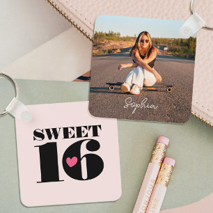 Retro Sweet 16 Birthday Teen Name Photo Pink Key Ring