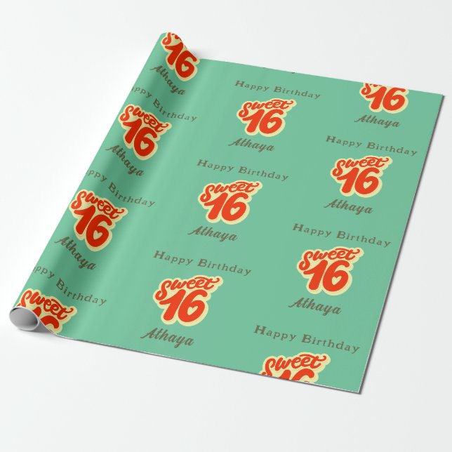 Retro Sweet 16th Birthday Wrapping Paper (Unrolled)