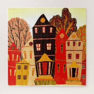 Retro Sweet Home Poster: Cartoon Houses Jigsaw Puzzle