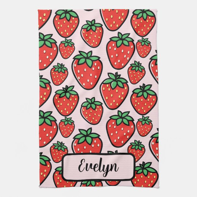 Retro Sweet Strawberry Cartoon Personalized Tea Towel (Vertical)