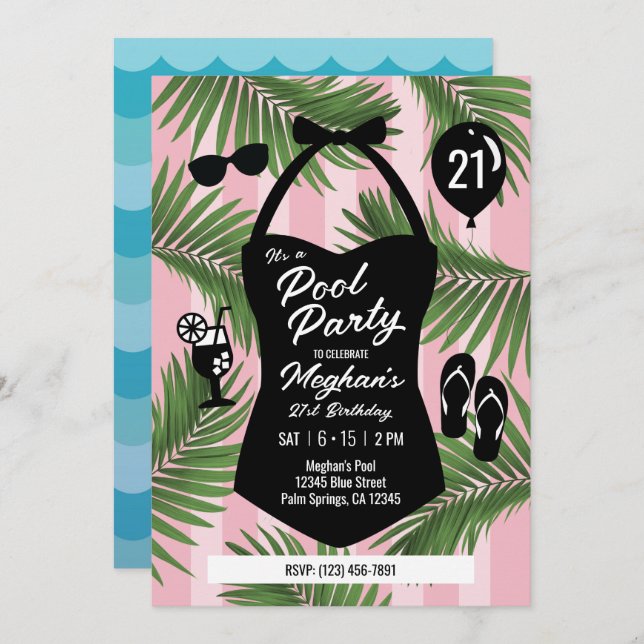 Retro Swimsuit 21st Birthday Pool Invite (Pink) (Front/Back)