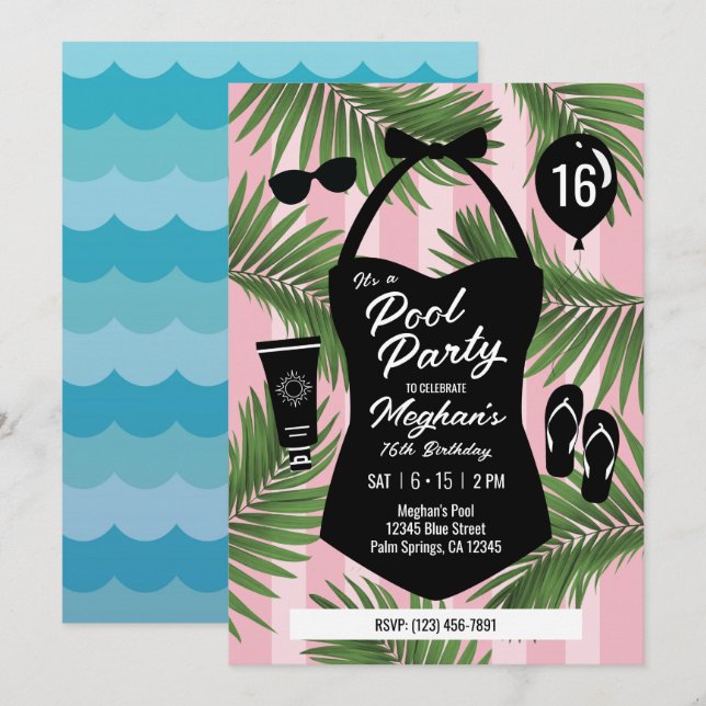 Retro Swimsuit Sweet 16 Pool Party Invite (Pink) (Front/Back)