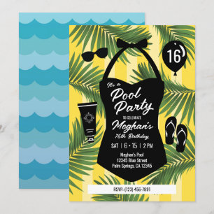 Retro Swimsuit Sweet 16 Pool Party Invite (Yellow)