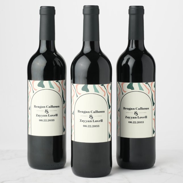 Retro Swirl Arch Mint Green And Pink Wedding Wine Label (Bottles)