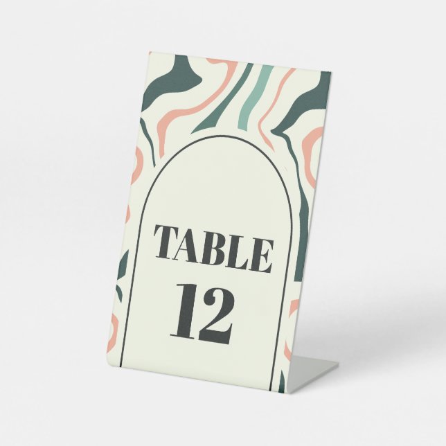 Retro Swirl Arch Mint Pink Wedding Table Number Pedestal Sign (Front)