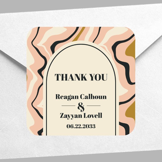Retro Swirl Arch Pink Black Gold Wedding Thank You Square Sticker (Creator Uploaded)