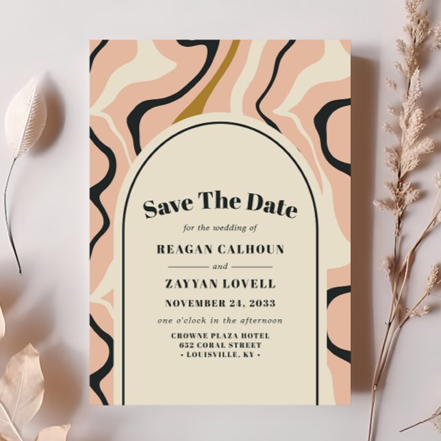 Retro Swirl Arch Pink Black Save The Date Card (Creator Uploaded)