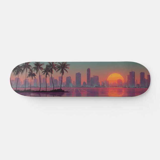Retro Synthwave Cityscape Sunset Skateboard (Horz)