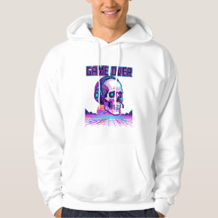 Retro Synthwave Gamer Skull Game Over Graphic Hood Hoodie
