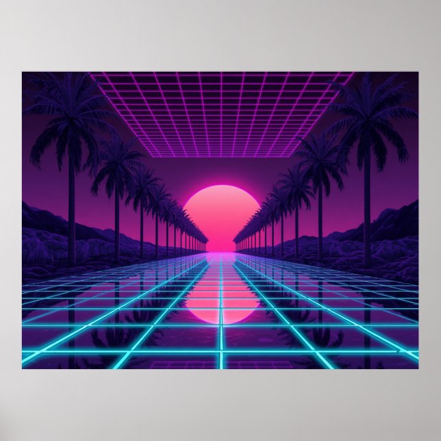 Retro Synthwave Horizon - Neon Grid & Palms Poster (Front)