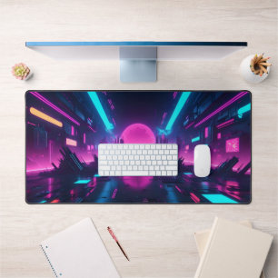 Retro Synthwave Neon Pink Sun Cyberpunk Gamer Desk Mat