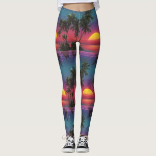 Retro Synthwave Palm Tree Sunset Pattern Leggings