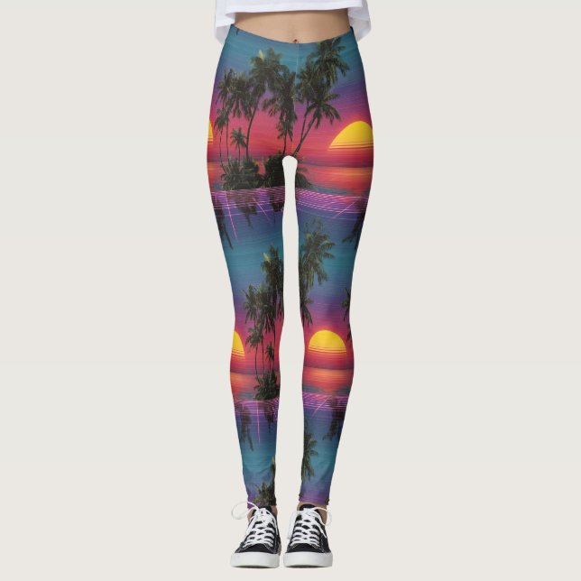 Retro Synthwave Palm Tree Sunset Pattern Leggings (Front)