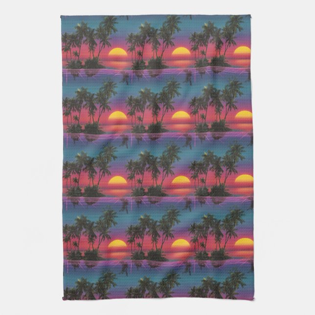 Retro Synthwave Palm Tree Sunset Pattern Tea Towel (Vertical)