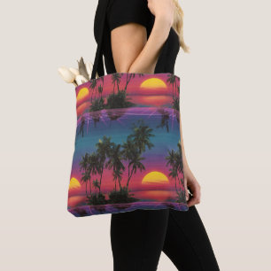 Retro Synthwave Palm Tree Sunset Pattern Tote Bag
