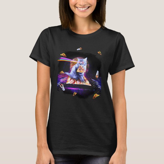 Retro Synthwave Pizza Cat Laser Eyes T-Shirt (Front)