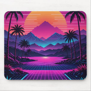 Retro Synthwave Sunset With Vaporwave Landscape Mouse Mat