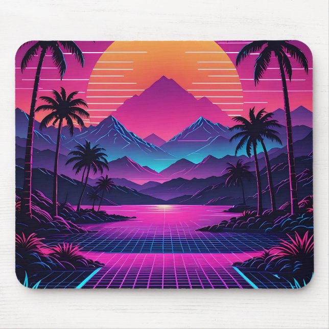 Retro Synthwave Sunset With Vaporwave Landscape Mouse Mat (Front)