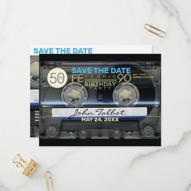 Retro T1 Audiotape 50th birthday Party Save Date P Invitation Postcard (Front/Back In Situ)