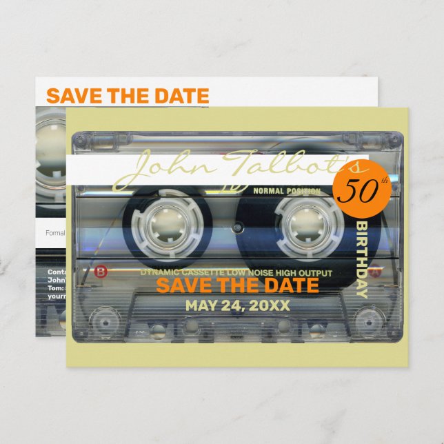 Retro T2 Audiotape 50th birthday SAVE THE DATE PoC Invitation Postcard (Front/Back)
